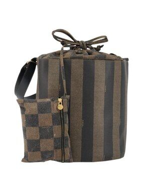 Authentic FENDI Pecan Canvas Shoulder Bag PVC Black Brown